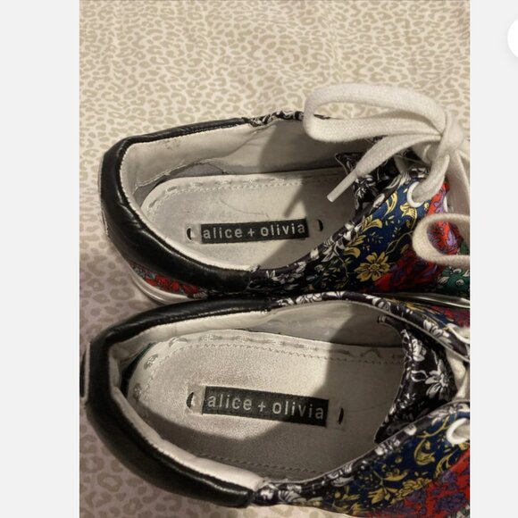 Alice + Olivia Emmalyn Leather Striped Floral Platform Sneakers Women Size 7M - Picture 8 of 10